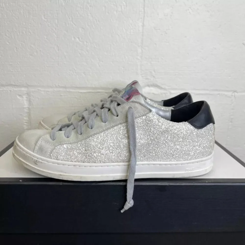 P448 Glitter Colorblock Pattern White Grey Silver Sneakers Low Top Women's 38 EU